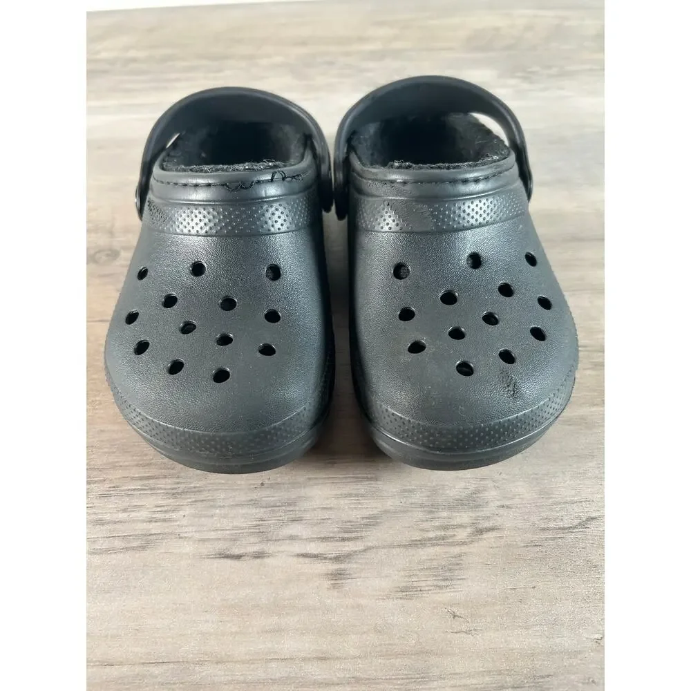 Crocs Classic Black Fuzzy Clogs Child Size 11 C11-‎ NWOT